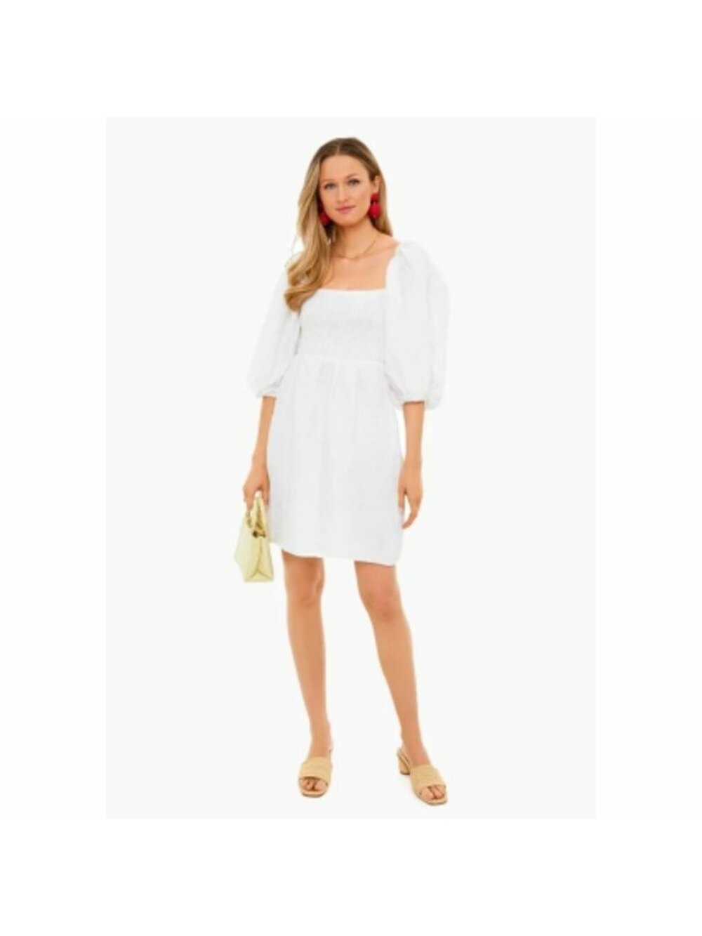 Tuckernuck Women's Annie Smocked Mini Dress Linen Puff Sleeve White size S NEW